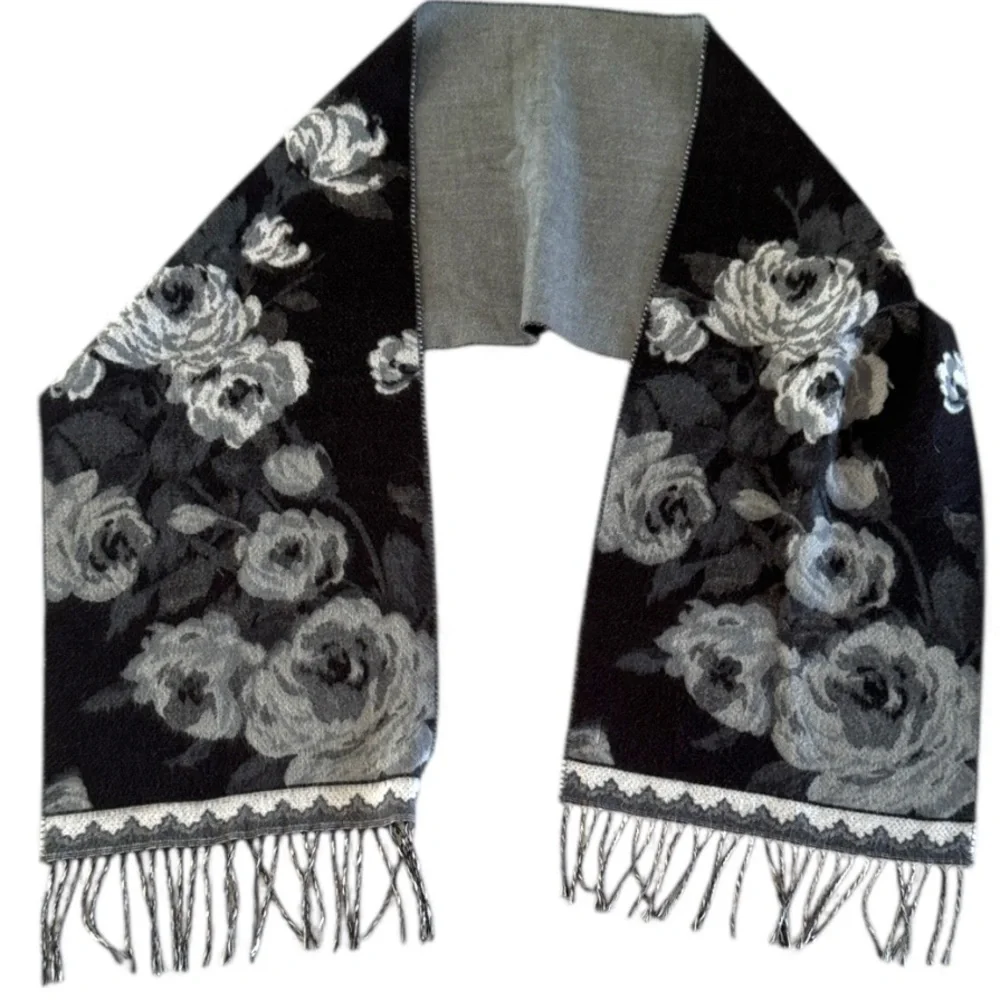 Preston & York Scarf Floral Design Scarf 12x62 Women's Fringed Black Gray Soft